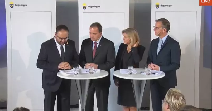 Mehmet Kaplan, Stefan Löfven, Magdalena Andersson och Mikael Damberg, vid onsdagens presskonferens.