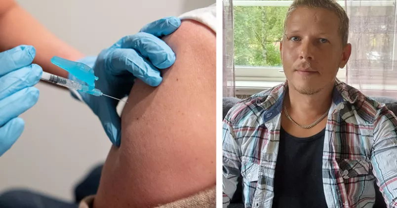 MS-sjuke Jimmy Norfelt. Arm som får covidvaccin (till vänster) Jimmy Norfelt (till höger).