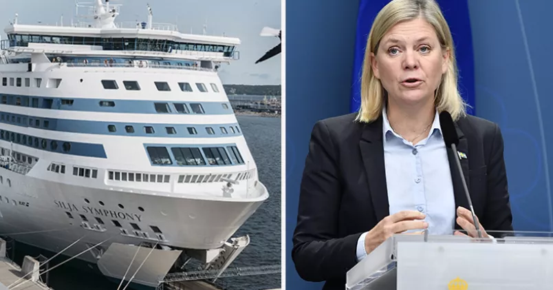 Under måndagen presenterade finansminister Magdalena Andersson (S) regeringens och samarbetspartiernas förslag om att förlänga korttidspermitteringarna. Tallink Silja-fartyg till vänster. Magdalena Andersson till vänster.