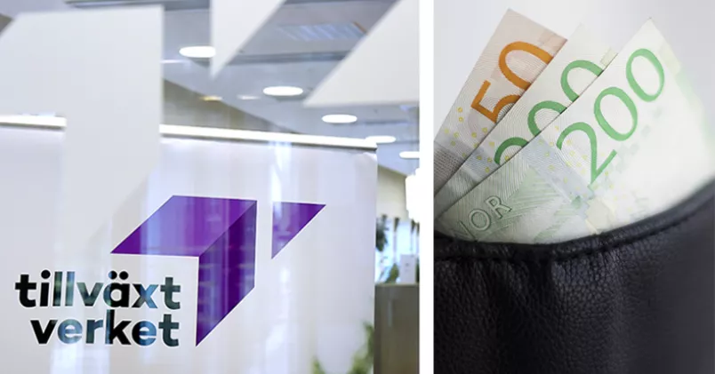 Moreganics sökte stöd för korttidspermittering från Tillväxtverket för fem veckor sedan. Tillväxtverkets logga på skylt till vänster, sedlar som sticker upp ur plånbok till höger.