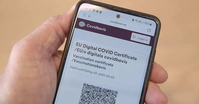 Hand håller i mobil som visar vaccinpass.