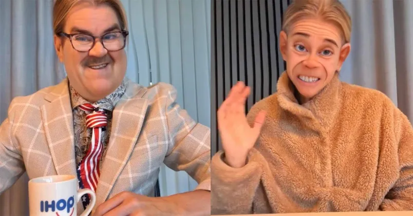 Två karaktärer från Tess Modigs konto Kontoret. Till vänster B-O i glasögon, mustasch och rutig kavaj. Till höger Majken som ler ängsligt i en beige fleecetröja.