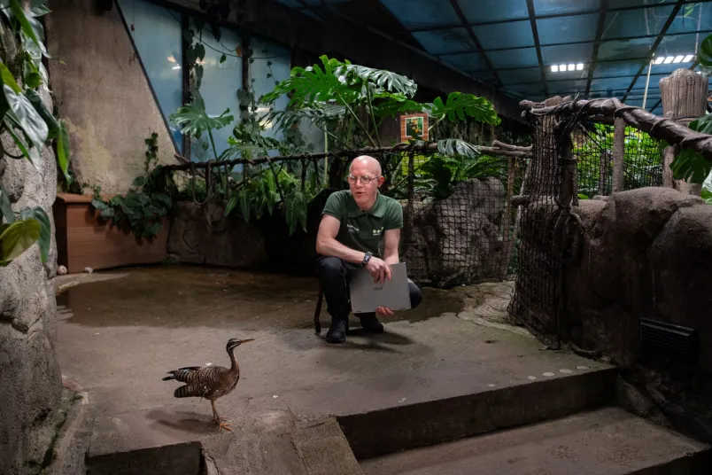 Eric Sundman i Unverseums regnskogsmiljö framför en fågel.