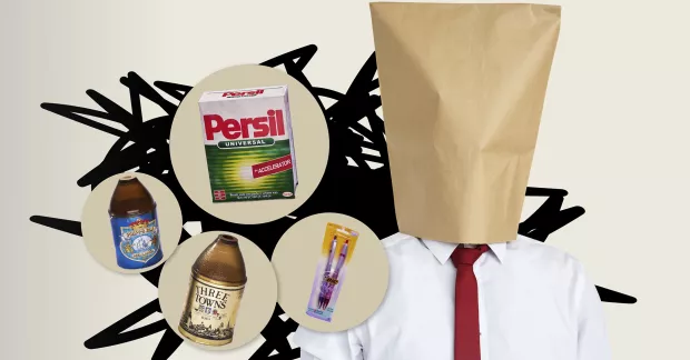 Misslyckade innovationer - tvättmedel, plastnisse, penna för kvinnor. Man med påse på huvud