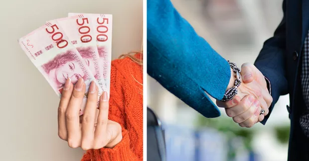 Kvinna med sedelbunt i handen och personer som tar i hand.