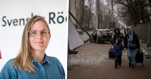 Johanna Lönn på Röda korset till vänster och två kvinnor till ett barn som flyr i Kiev.