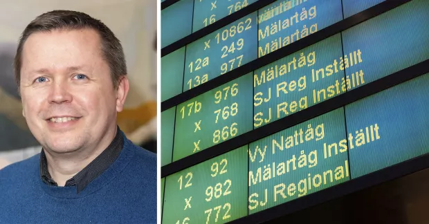 Olivier Michel, till vänster. Avgångstavla på inställda avgångar, till höger.