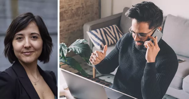 Jenifer Clausell Tormos (till vänster), Man vid laptop pratar i mobil (till höger).