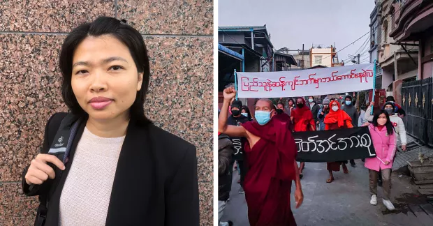 Till vänster: Khaing Zar, fackledare från Myanmar. Till höger: Bilder på protester mot militärkuppen i Myanmar tidigare i år.