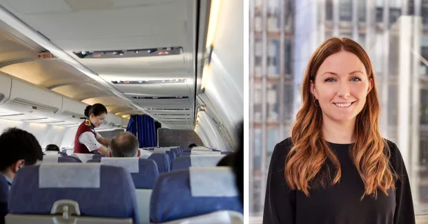 Kabinanställd i flygplan (till vänster), Filippa Folke (till höger).