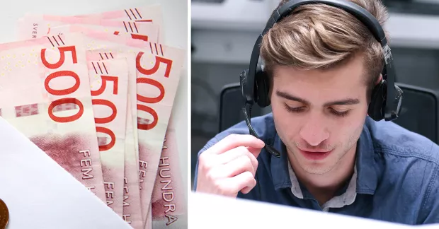 Femhundrakronorssedlar i bunt (till vänster), ung man med headset (till höger).