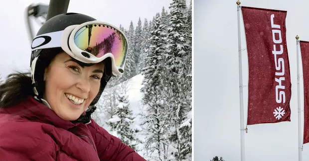 Camilla Sundqvist i skidlift (till vänster), flagga med Skistars logga (till höger).