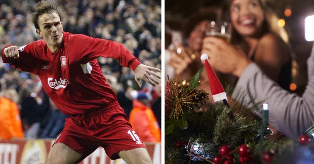 Till vänster: Fotbollsspelaren Dietmar Hamann. Till höger: Personer skålar vid julfest.