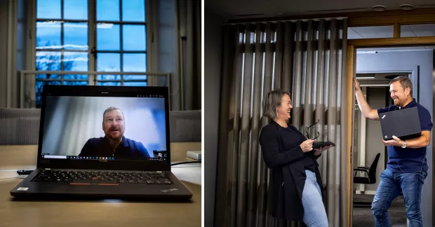 Två bilder. Till vänster en person visas på en datorskärm under ett videomöte. Till höger två personer som samtalar i kontorsmiljö. 
