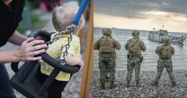 Förädraledig gungar sitt barn. Soldater blickar ut över ett hav och ett militärt fartyg.