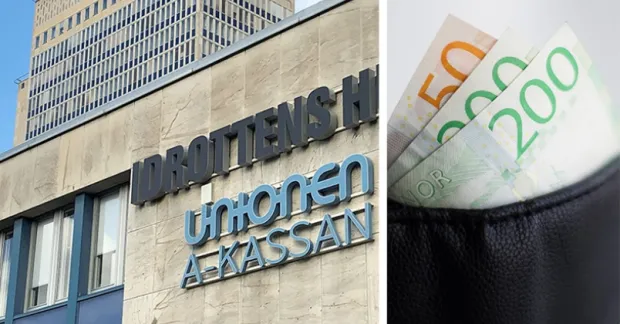 Fasadbild på Unionens a-kassa och en plånbok med sedlar