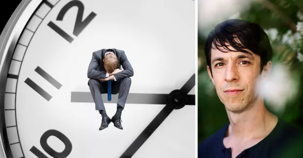 Till vänster en illustration av en man som dystert sitter på en klockas timvisare och till höger en porträttbild på docent Roland Paulsen. 