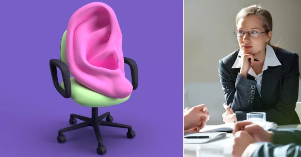 Till vänster en illustration av ett öra i en kontorsstol, till höger en kvinna på kontor som lyssnar. 