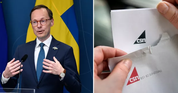 Till höger utbildningsminister Mats Persson, till vänster en person öppnar ett kuvert från CSN. 