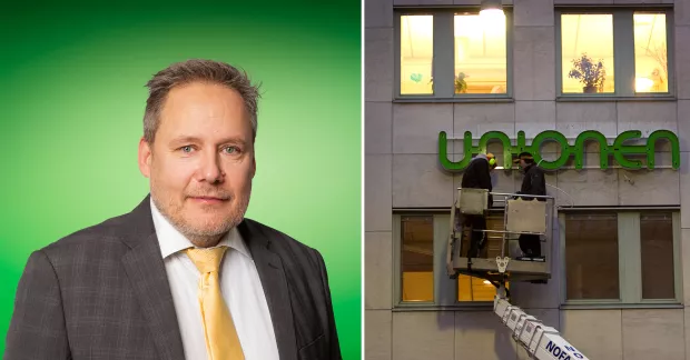 Till vänster Hans Lindau i kostym och slips, till höger en bild på Unionens fasad.