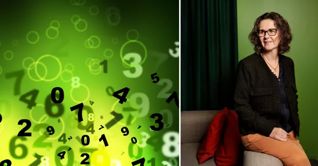 Till vänster en illustration som föreställer datakod, till vänster Katarina Thörnqvist.