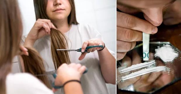 Till vänster en kvinna som klipper sitt eget hår. Till höger en person som tar kokain. 