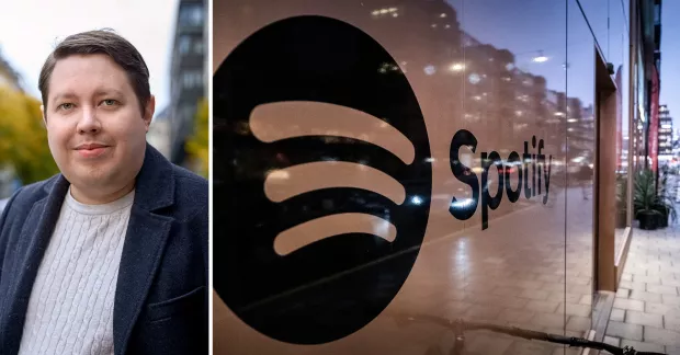 Till vänster Jonas Sundberg, Unionenklubbens ordförande på Spotify, till höger Spotifys huvudkontor i Stockholm.