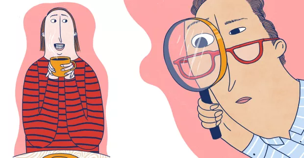Tecknad illustration av en person som dricker kaffe, till vänster, och till höger en människa med ett förstoringsglas. 