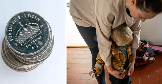 Till vänster en hög med mynt, till höger en föräldraledig mamma med sitt barn. 