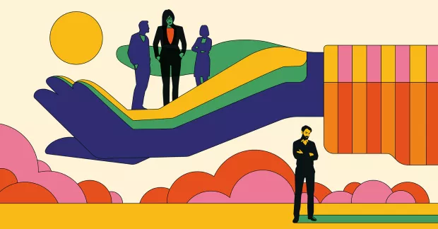 Tecknad illustration av tre personer ovanpå en människoarm och en person stående under den.