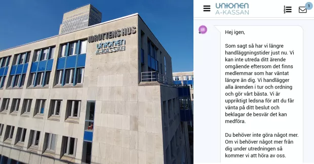 fasad Unionens a-kassa, sms från en handläggare
