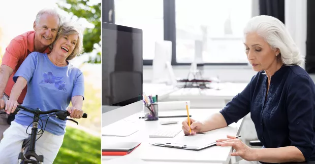 Pension eller arbeta vidare? Så får du äldre att stanna kvar på arbetet. Till vänster ett cyklande äldre par, till höger en senior kvinna på kontor. 