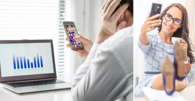 Spela mobilspel på jobbet, till vänster, och ta selfies på arbetstid (höger). 