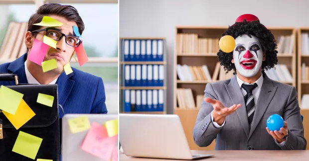 Jobbannonser innehåller lätt floskler som många bollar i luften, stresstålig och agilt arbetssätt. Men vad betyder de? Till vänster en man helt täckt av post it-lappar och till höger en jonglerande clown i kostym på ett kontor.