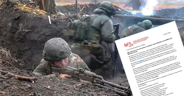 Till vänster: ryska soldater, här vid en övning i östra Ukraina, har fått stöd av landets största fackförbund FNPR. Till höger: ett protestbrev från nordiska fackföreningsledare med anledning av att FNPR har nominerats till FN:s högsta arbetsmarknadsorgan.