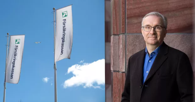 till vänster Försäkringskassans flaggor, till höger Unionens förbundsordförande Peter Hellberg