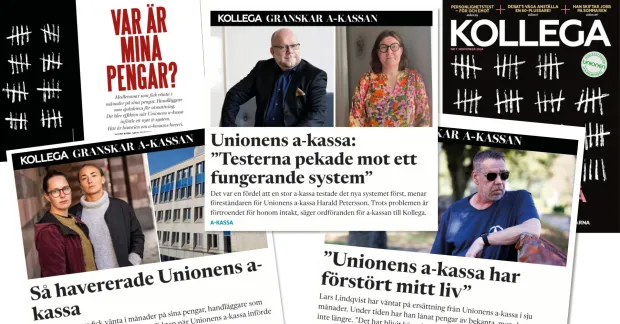 Kollega granskar Unionens a-kassa. Kollage med de artiklar i ämnet som Kollega hittills publicerat. 