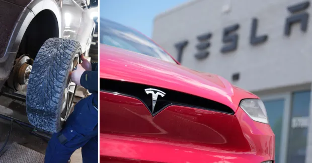 Unionen trappar upp Teslastriden. Till vänster en bilverkstad, till höger en Tesla-bil.