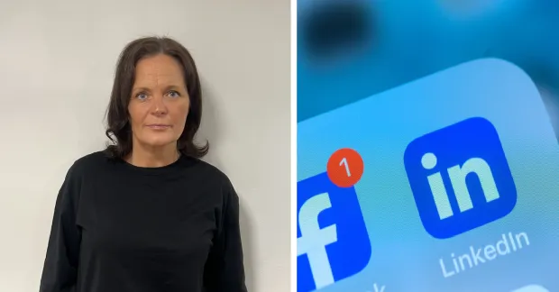 En bild på Lotta Vikström och en bild på en telefonskärm med apparna Facebook och LinkedIn. 