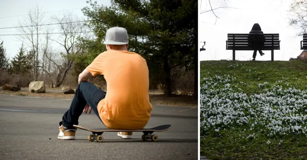 Vårdepression. Till vänster en ung skejtboardåkare, till höger en ledsen kvinna på en parkbänk om våren.