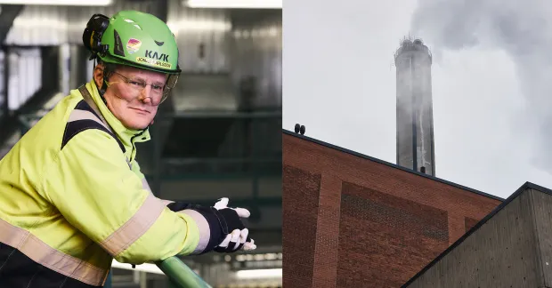 Underhållsingenjören Jonas Karlsson till vänster, rök stiger ut från kraftvärmeverkets skorsten till höger 