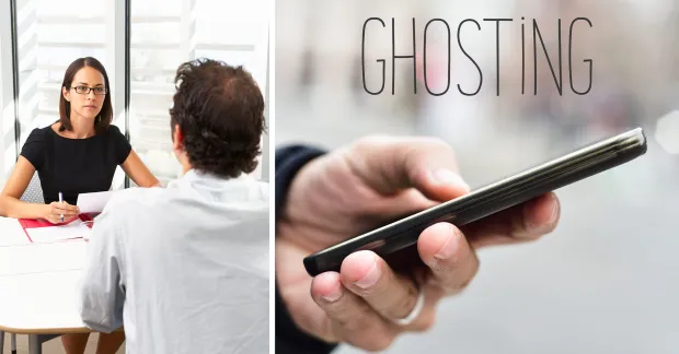 Ghostning vid rekrytering. Till vänster en kvinna och en man på anställningsintervju. Till höger en hand som håller i mobiltelefon och texten Ghostad.