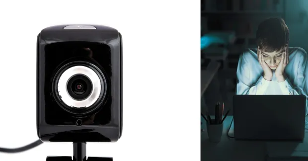 Kameraövervakning med webcam. Till vänster en stor och lite hotfull webbkamera, till höger en kvinna vid en dator. Ser rädd och obekväm ut.