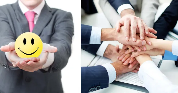 Händer som håller en bild på en glad gubbe och händer som möts