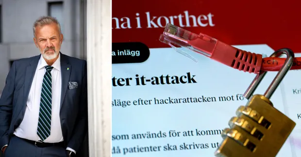 Underättelseexpert Jörgen Holmlund till vänster. Till höger en nätverkskabel med hänglås. Miljödata utsatt för hackerattack: Personnummer och sjukdagar läckta.