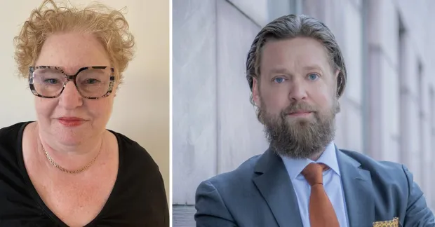 En delad bild med Maria Nassikas till vänster i svart tröja och svarta glasögon, till höger Marcus Lindström i skägg grå kavaj och röd slips