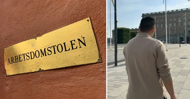 Arbetsdomstolens fasad och en man står med ryggen mot kameran.