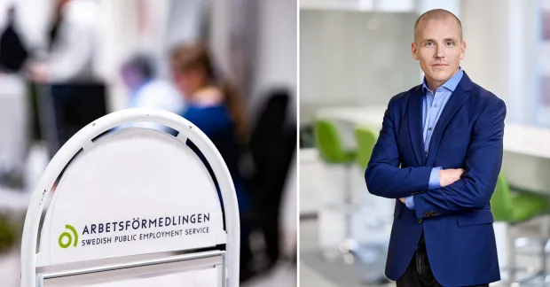 Tobias Brännemo, chefsekonom på Unionen, står vid en skylt för Arbetsförmedlingen. Han kritiserar regeringens hårdare krav på arbetslösa och varnar för ökande långtidsarbetslöshet bland tjänstemän.