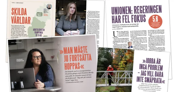 Kollage över artiklar om arbetslösheten från Kollegas papperstidning