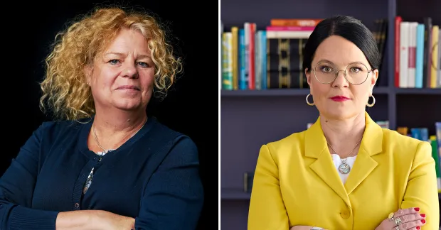 Bilden är delad och visar Lise-Lotte Argulander från Företagarna till vänster. Hon har ljust lockigt hår och mörka kläder, och står med armarna i kors. Till höger syns TCO:s ordförande Therese Svanström. Även hon har armarna i kors, hon bär knallgul kavaj, har mörkt hår uppsatt i tofs och glasögon. I bakgrund är det mycket böcker.